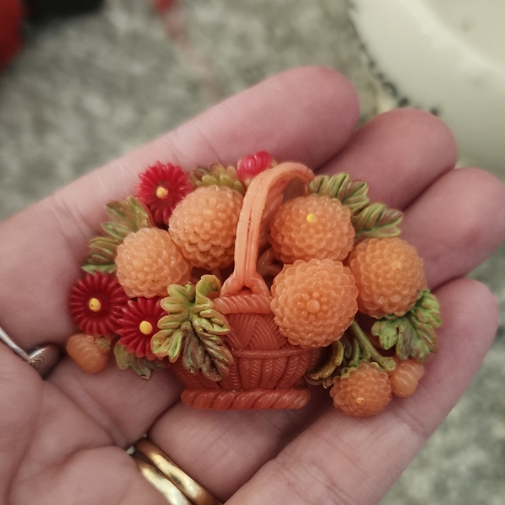 Vintage Celluloid Floral Basket Brooch